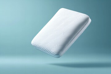 A premium memory foam pillow floating against a soft blue background, symbolizing comfort, support, and luxury sleep