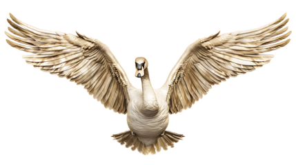 A graceful swan with its wings slightly spread, isolated on a white background