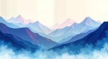 Fototapeta premium Misty mountain landscape with soft blue, purple hues. Layers of mountains fade into sky with misty atmosphere. Gentle colors, soft shades suggest serene, tranquil scene. Artistic style evokes