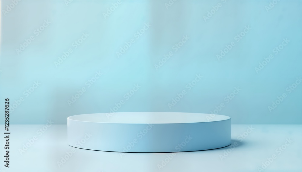 Poster Light blue round platform. Empty display for cosmetic products. Modern minimalist design. Ideal for product presentation. Blank surface. Clean, simple. Ideal for new products. Versatile backdrop for