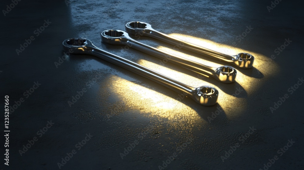 Poster three chrome wrenches resting on a dark surface
