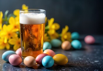 Glass of beer sits on dark wooden table. Colorful Easter eggs surrounding. Spring flowers in background. Festive, relaxed holiday atmosphere. Perfect for greeting card postcard for Easter.