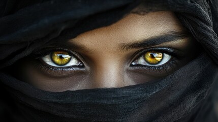 Fototapeta premium A captivating close-up portrait of deep, expressive eyes framed by a flowing black veil, exuding mystery, elegance, and intensity