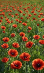 Fototapeta premium Crimson poppies bloom in vibrant green meadow, floral, flowers