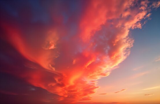 Dramatic sunset sky with fiery clouds. Vibrant colours of orange, red paint clouds. Beautiful light, colours in sky. Wonderful cloudscape during sunset. Stunning view of colourful clouds. Spectacular