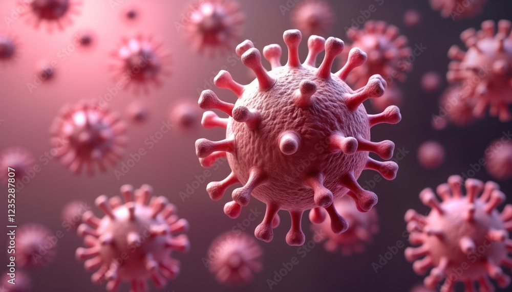 Poster pink virus particles float in space. close up view of varicella zoster virus. medical illustration s