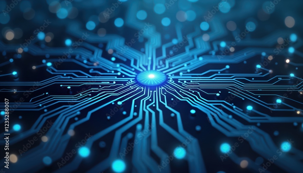 Aufkleber abstract illustration of complex circuit board. blue glowing lines, points show intricate connection
