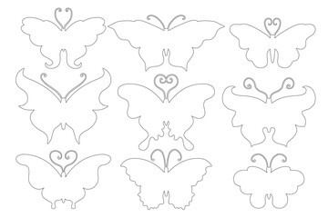 Set of contours, linear sketches of winged insects decorative butterflies. Vector graphics.