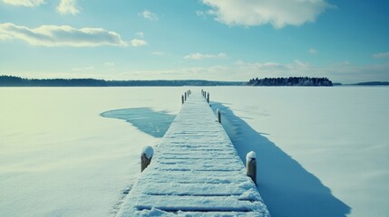 Obraz premium Snow covered wooden dock extends over frozen lake