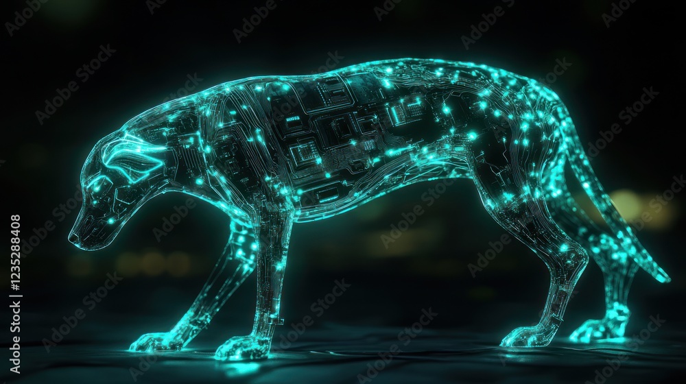 Poster digital canine circuitry illuminated in teal hues