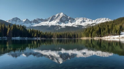 A photograph of a serene mountain lake surrounded by pine forests and snow-capped peaks, under a clear blue sky, in a high-resolution landscape photography style