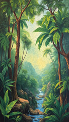 Artistic brush strokes. Jungle landscape for printing on wall decorations. Oil painting