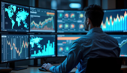 Man analyzes big data sets on multiple computer screens. Uses advanced tech, machine learning tools. Data visualizations show global financial trends, market analysis. Image conveys business tech