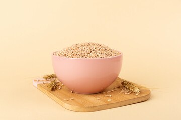 Bowl with spelt grain and ears on color background