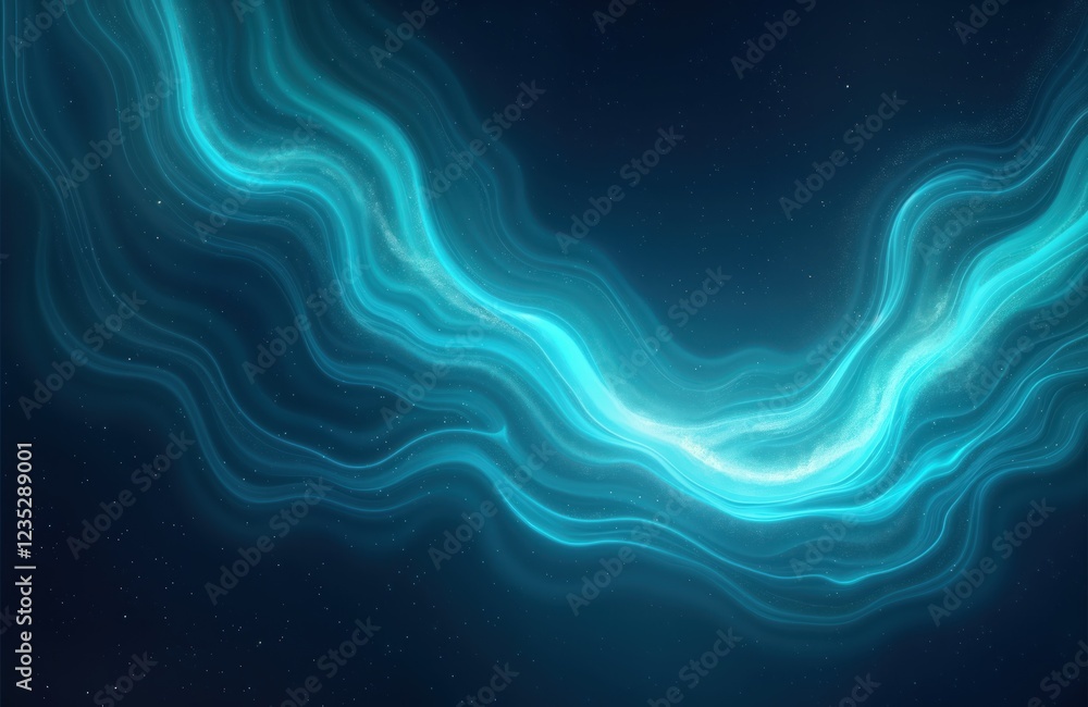 Aufkleber Abstract cosmic energy streams flow across dark starry night sky. Light turquoise energy streams create surreal celestial scene. Vibrant wavy lines depict cosmic energy patterns. Serene, smooth