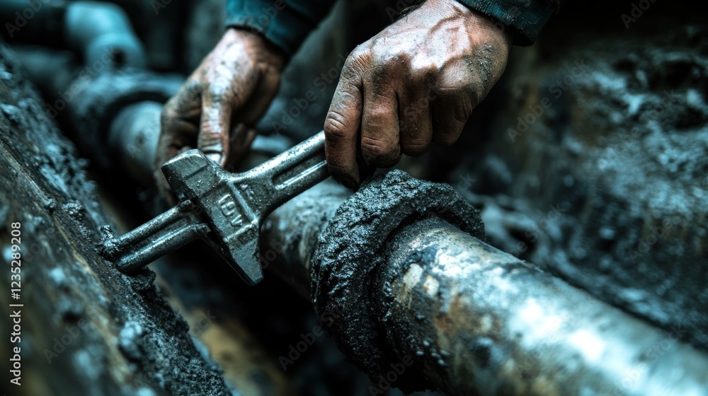 Poster dirty hands working on a rusty pipe with a wrench