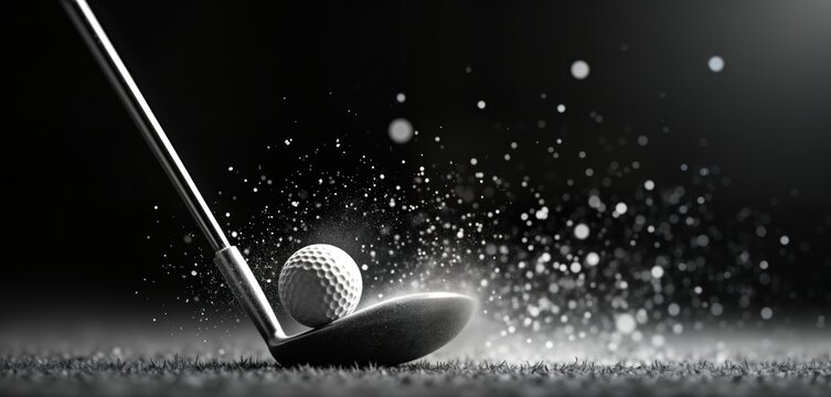 Dynamic golf swing moment. Powerful golf club impact on ball. Particles, motion blur. Black, white action shot. Golf sport action. Precise moment of hitting. Skillful golf swing. Athletic movement on