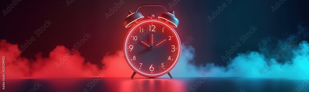 Poster neon glowing clock on flat dark background. modern minimalist design with vibrant colors. suitable f