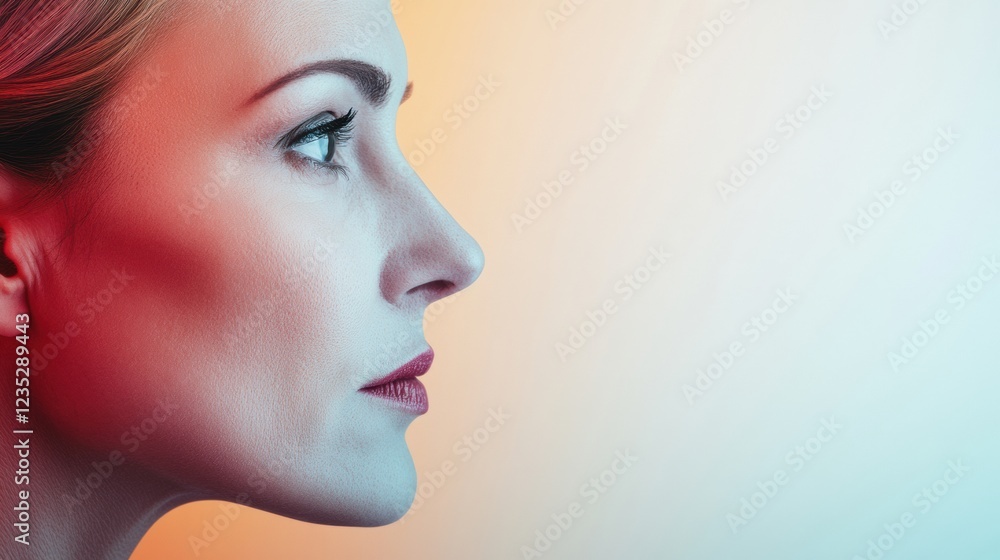 Poster contrasting beauty through the ages depicted by two faces showing signs of aging and youthfulness si
