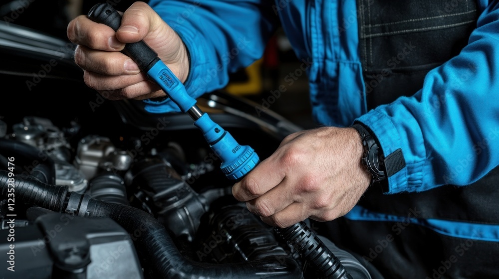 Poster mechanic using a torque wrench on a car engine