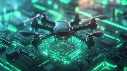 Drone technology above a glowing circuit board