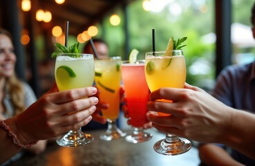 Friends raise glasses of colorful cocktails at bar restaurant. Celebrating. Drinks look fresh, inviting. Lively social gathering. Young people enjoying drinks at relaxed patio. Summer day party
