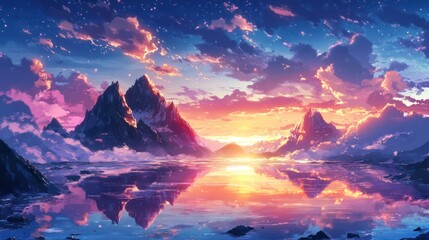 Majestic Mountains Reflecting In A Tranquil Sunset Lake