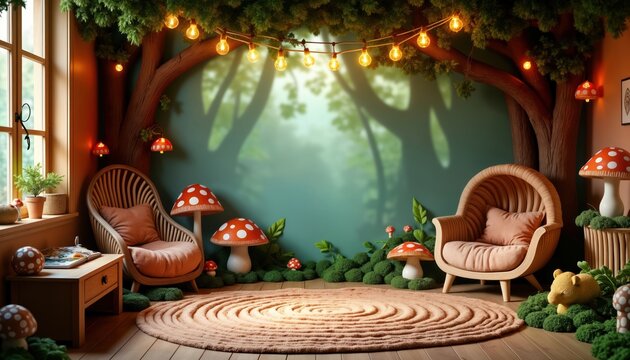 Cozy kids room decor digital backdrop. Enchanted forest theme with mushrooms, fairy lights. Whimsical, magical design. Wooden furniture, rug. Rustic style interior. Perfect for childcare center kids