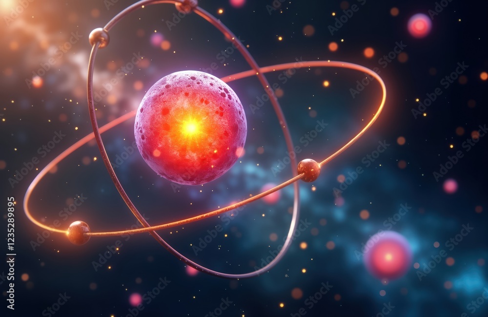 Poster atomic model illustration shows atom structure with nucleus, orbiting electrons. reddish nucleus wit