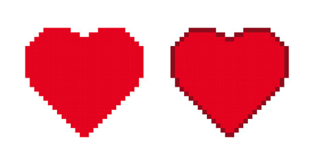 Set of two different red hearts in pixel art style. Vector pixel icon isolated on a white background.