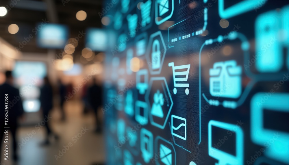 Aufkleber Modern retail tech system displayed on large screen. Integrated system shows omnichannel features. Many icons represent functions like inventory, sales, client interaction. System connected online,