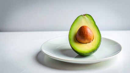 Fresh Avocado Halves and Slices on a White Plate with Copy Space