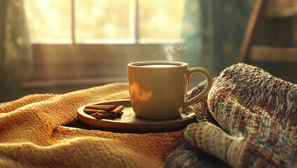 "Steaming Cup of Coffee on the Table, Surrounded by Warm Blankets and Knitted Scarves"