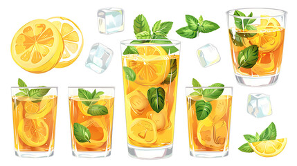 A set of iced tea glasses with lemon slices, mint leaves, and ice cubes, isolated on a white background