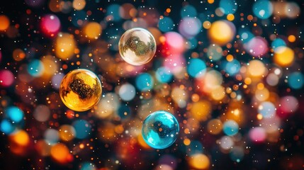 Festive orbs float, bokeh background, holiday card