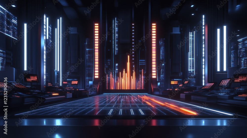Poster Futuristic Control Room with Neon Lights and Data Visualizations