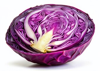 Obraz premium Fresh Purple Cabbage Half Sliced Isolated on White Background - Vibrant Vegetable Stock Photo