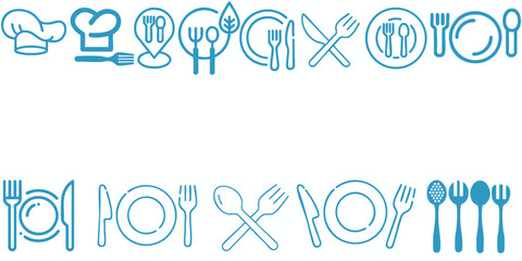 Catering thin line icon set. Containing fork, spoon, knife, plate, cloche, tray, chef hat, beverage, food, dining table, and waiter. Cutlery or tableware in restaurant. Vector illustration