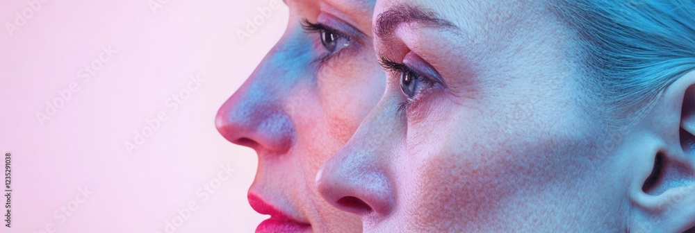 Poster contrast between aging and youth showcased in side by side facial profile portraits. generative ai