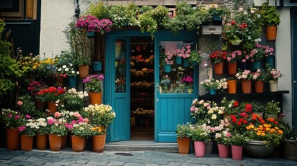A vibrant flower shop doorway displays colorful potted plants