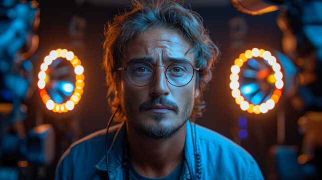 Stylish Filmmaker in Vibrant Neon Lighting