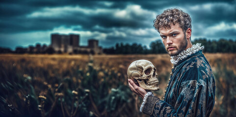 Hamlet with skull. Young man actor in Shakespearean play. Theater background, medieval portrait. William Shakespeare victorian banner. Hamlet with skull in hand. Monologue question to be or not to be