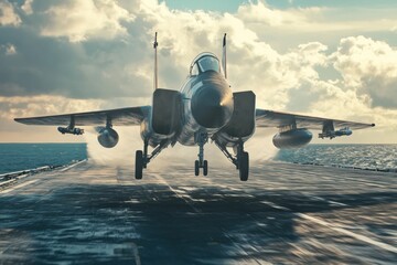 Naklejka premium Military fighter jet launches from aircraft carrier in dynamic coastal environment under dramatic sunset. Generative AI