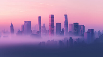 Fototapeta premium Early Morning City Skyline Revealing Skyscrapers and Mist With a Soft Purple Hue. Generative AI