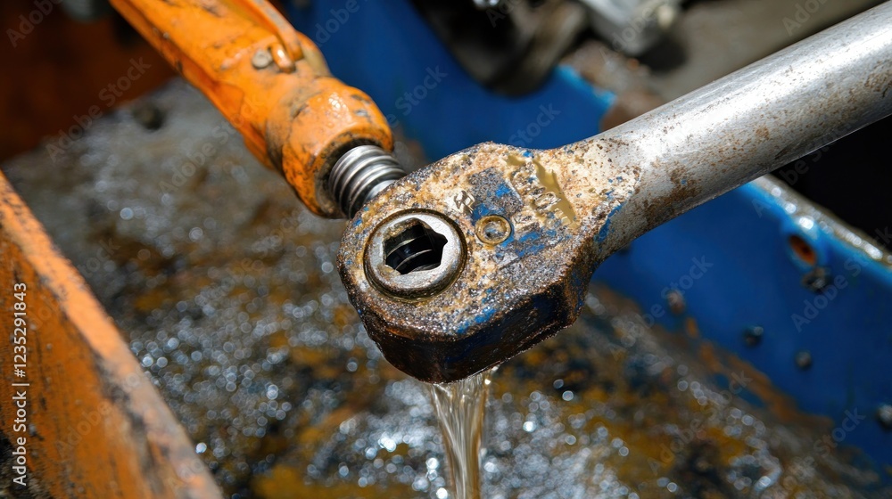 Aufkleber rusty wrench dripping cleaning fluid into a container
