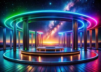 Futuristic Circular Platform with Neon Glow and Colorful Light Columns: Sci-Fi Landscape Stock Photo