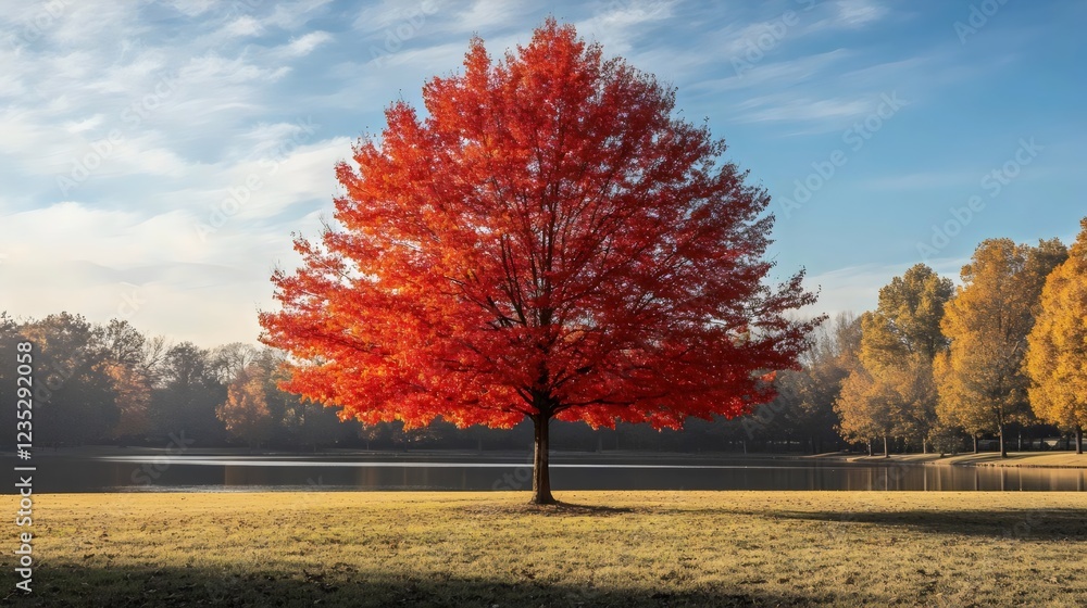 Wall mural a large red tree stands in a grassy field with a lake in the background