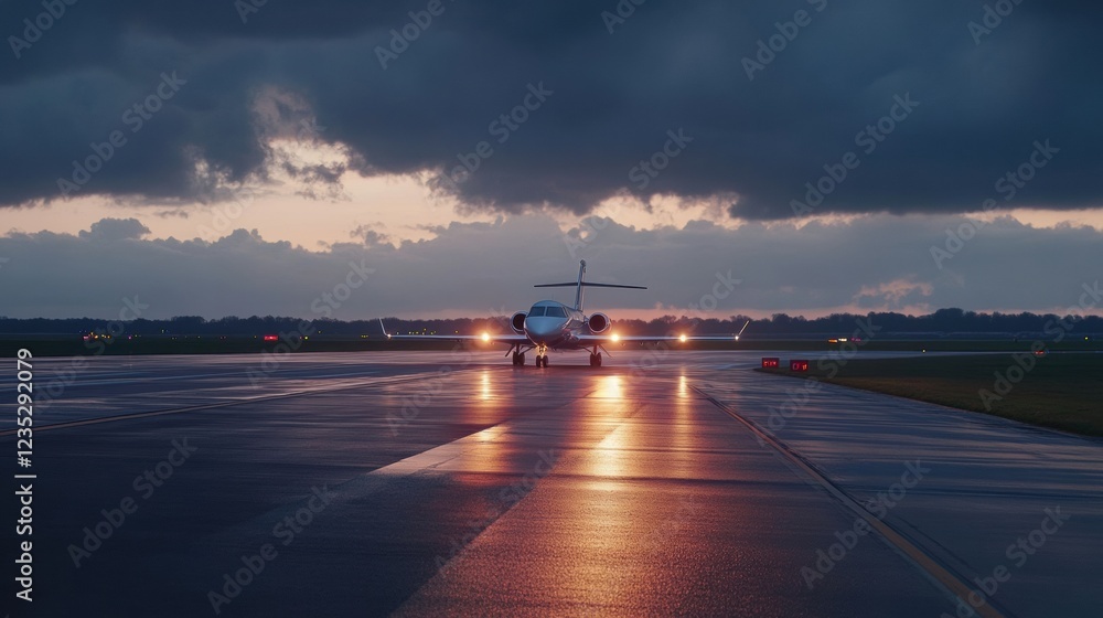 Poster luxury private jet waiting on the runway at dusk with a nearby limousine in a serene airport setting