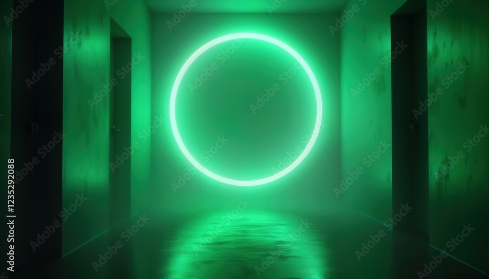 Poster empty dark corridor lit by bright green neon ring. foggy atmosphere in hallway. abstract design with