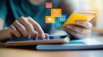 A person learning a new language through an interactive mobile app, symbolizing educational technology and language learning, Modern lifestyle scene